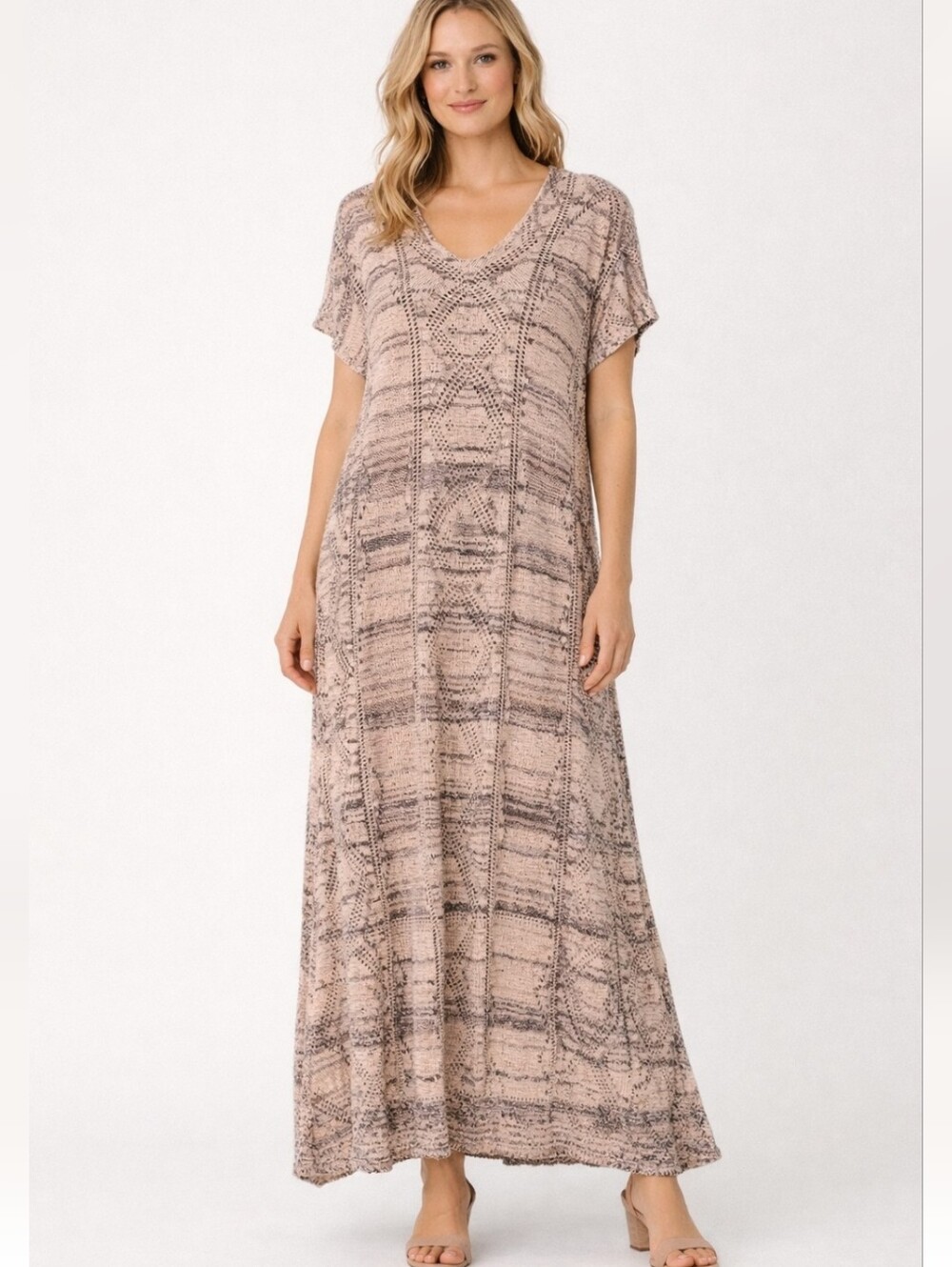 Goddis Katya Caftan Dress Chic Beige/Black Open Knit Patterned S/M Oversized
